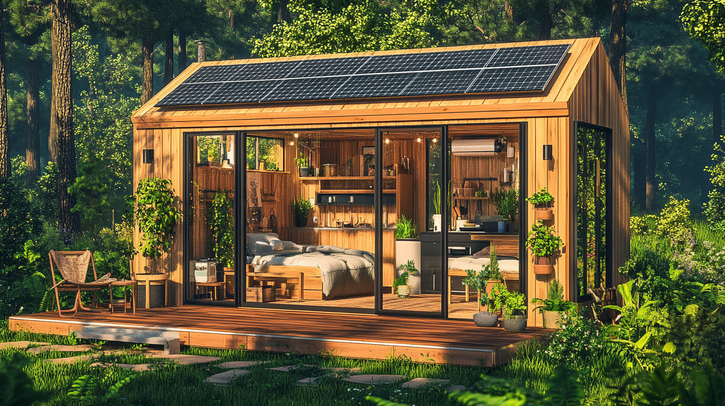 Kleines Tiny House mit Holzfassade und Solarpanelen, sehr realistisches Foto